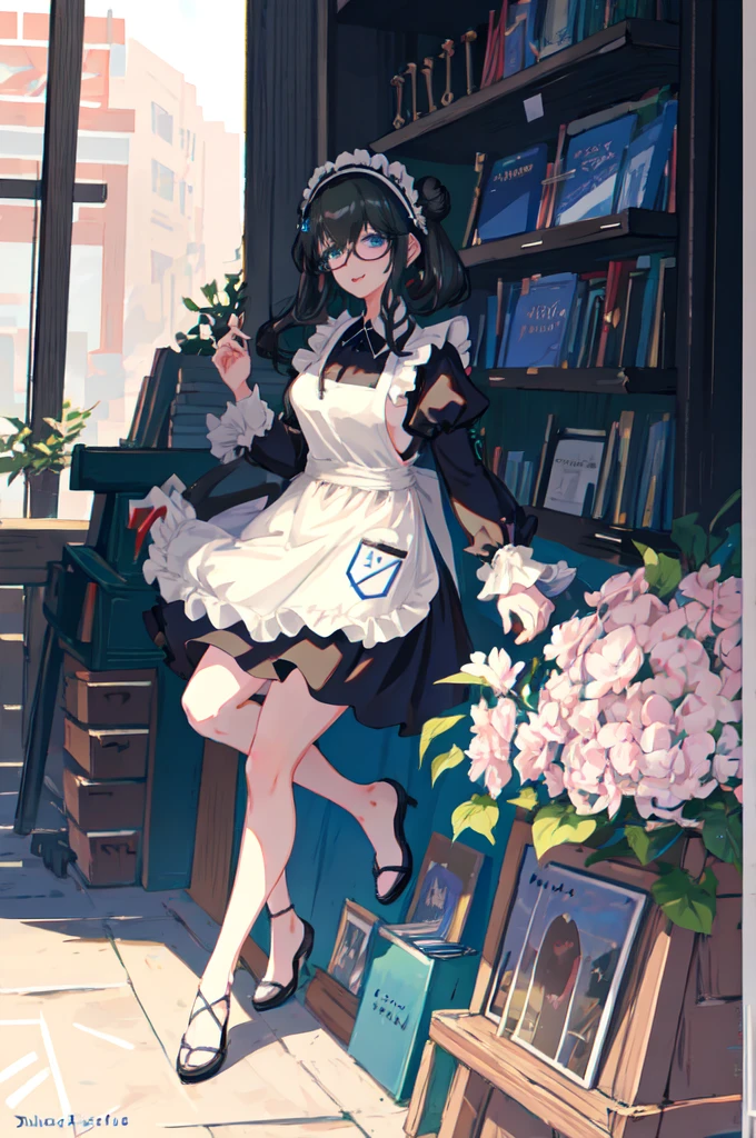 sagisawa fumika, 1 garota, Sozinho, livroshelf, olhos azuis, Cabelo preto, traje alternativo, maid headvestir, apron, escravizado, sorriso, mangas julieta, vestir, mangas compridas, mangas bufantes, de óculos, Olhando para o visualizador, livro, avental de empregada, single Coque de cabelo, seios, biblioteca, avental branco, Coque de cabelo, dentro de casa, corar, broche, babados, black vestir, official traje alternativo, large seios, cabelo longo, bloqueios laterais, óculos redondos