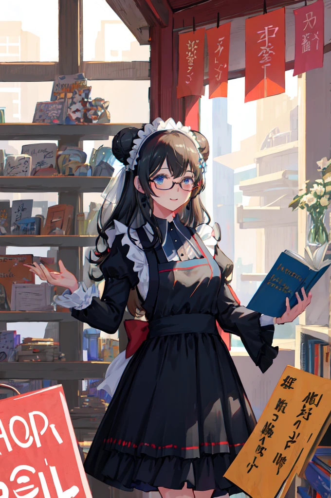 sagisawa fumika, 1girl, solo, bookshelf, blue eyes, black hair, alternate costume, maid headdress, apron, enmaided, smile, juliet sleeves, dress, long sleeves, puffy sleeves, bespectacled, looking at viewer, book, maid apron, single hair bun, breasts, library, white apron, hair bun, indoors, blush, brooch, frills, black dress, official alternate costume, large breasts, long hair, sidelocks, round eyewear