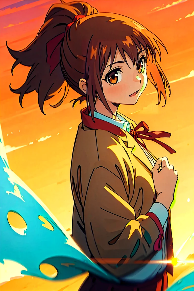 (masterpiece, best quality:1.2), samidare asahina, 1girl, brown eyes, brown hair, jacket, long sleeves, neck ribbon, ocean, red sky, dawn, ponytail, red ribbon, ribbon, , shirt, short hair, solo, sunset, white shirt, (anime, high details, super detail:1.55)