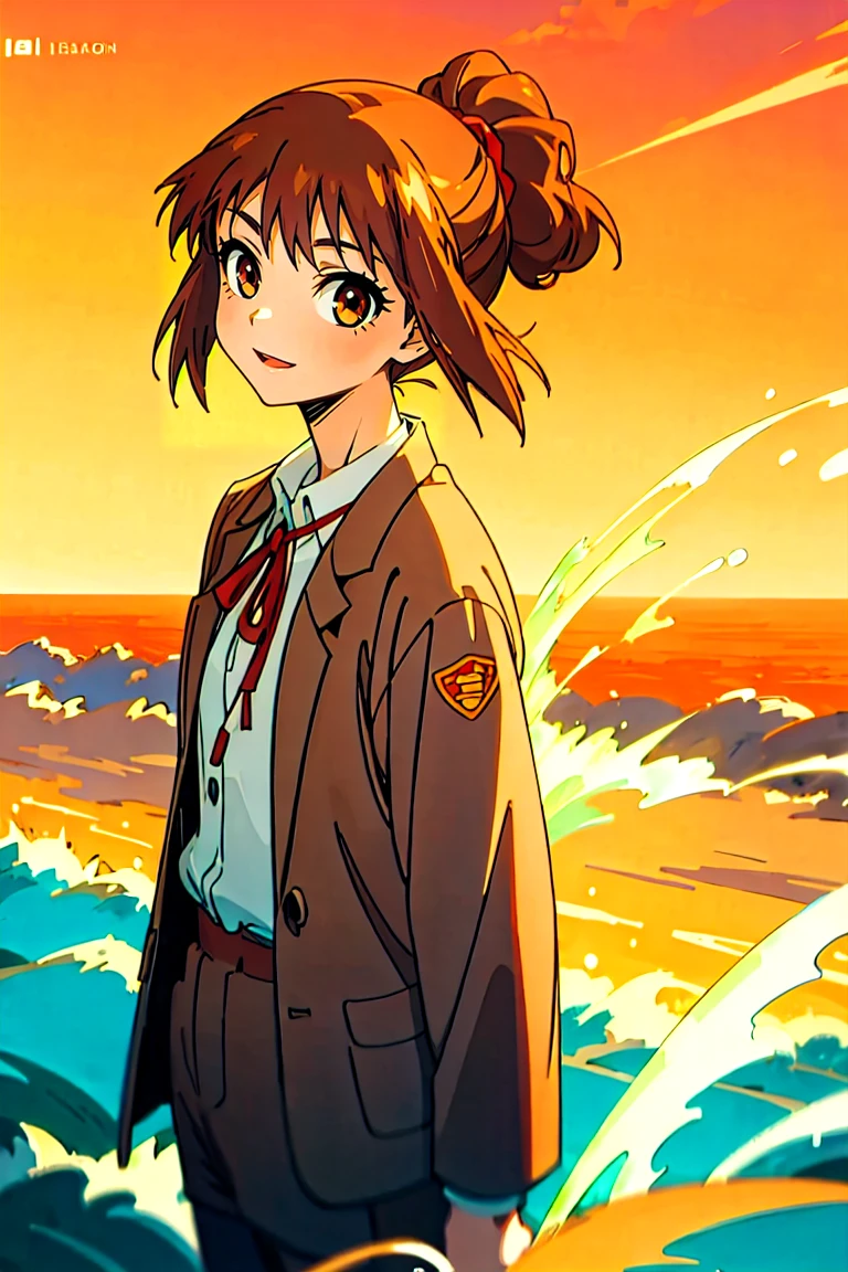 (masterpiece, best quality:1.2), samidare asahina, 1girl, brown eyes, brown hair, jacket, long sleeves, neck ribbon, ocean, red sky, dawn, ponytail, red ribbon, ribbon, , shirt, short hair, solo, sunset, white shirt, (anime, high details, super detail:1.55)