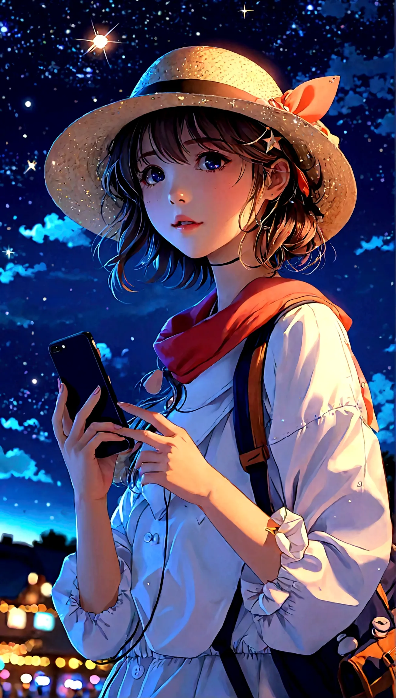 anime girl with a hat and a cell phone looking at the stars, anime style 4 k, anime vibes, (anime girl), high quality anime arts...