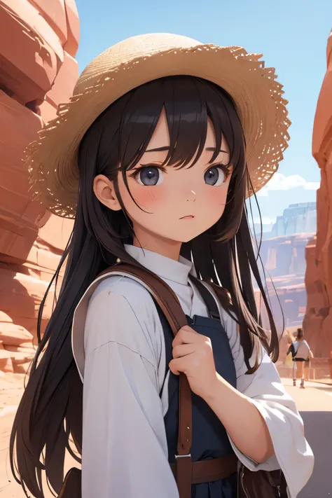 Chibi Girl、Walking along a straight road in Valley of Fire State Park、hat、Sweat、heat haze、No green、I can see a big rock mountain...
