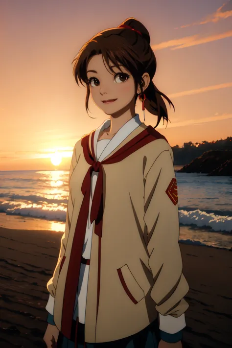 (masterpiece, best quality:1.2), samidare asahina, 1girl, brown eyes, brown hair, jacket, long sleeves, neck ribbon, ocean, red ...