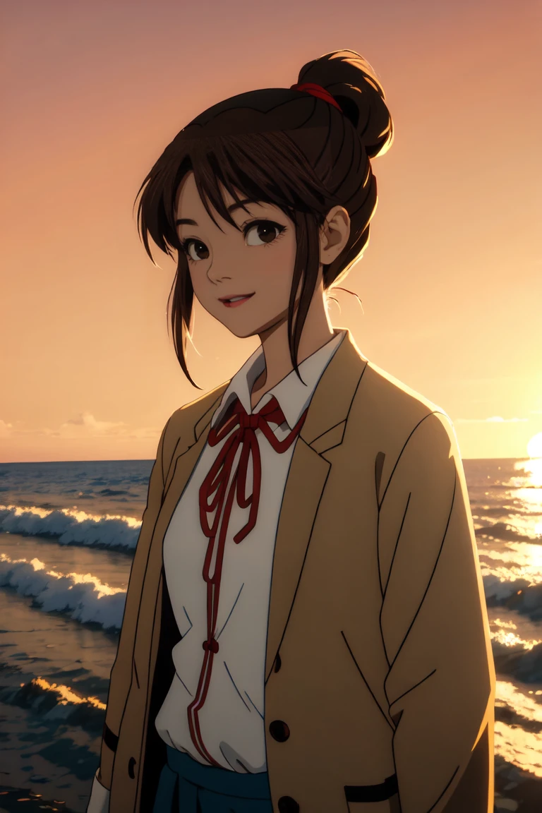 (masterpiece, best quality:1.2), samidare asahina, 1girl, brown eyes, brown hair, jacket, long sleeves, neck ribbon, ocean, red sky, dawn, ponytail, red ribbon, ribbon, , shirt, short hair, solo, sunset, white shirt, (anime, high details, super detail:1.55)