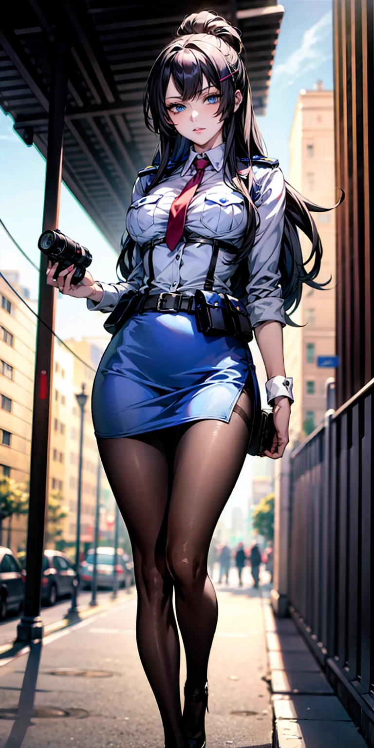 Ridiculous resolution, high resolution, (masterpiece:1.4), Extremely detailed, 1 Girl,blue eyes, Black long hair，Please wear police uniform and short skirt, White handbags、Pantyhose、City Streets,Sexy pose, The camera is close to your body