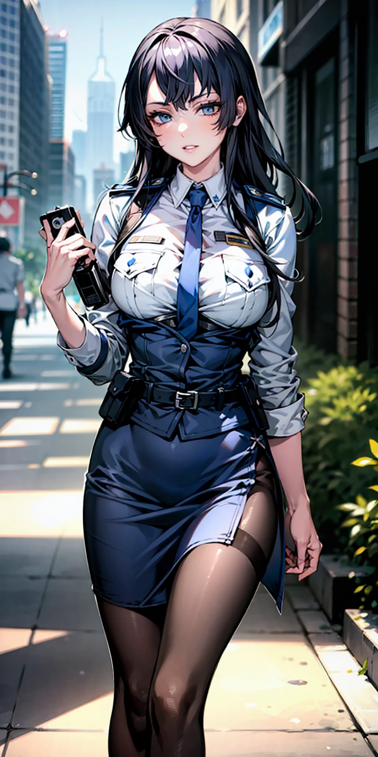 Ridiculous resolution, high resolution, (masterpiece:1.4), Extremely detailed, 1 Girl,blue eyes, Black long hair，Please wear police uniform and short skirt, White handbags、Pantyhose、City Streets,Sexy pose, The camera is close to your body