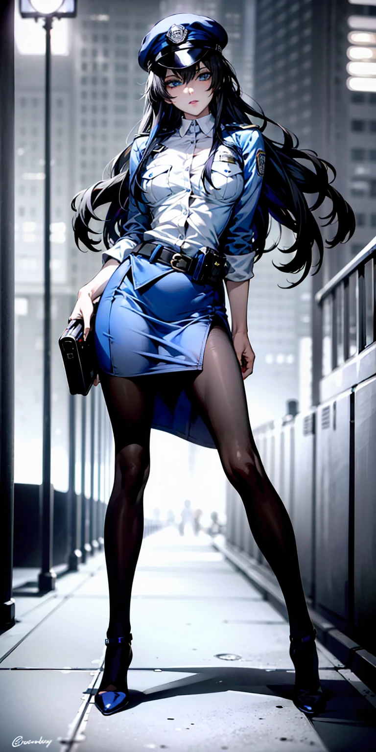 Ridiculous resolution, high resolution, (masterpiece:1.4), Extremely detailed, 1 Girl,blue eyes, Black long hair，Please wear police uniform and short skirt, White handbags、Pantyhose、City Streets,Sexy pose, The camera is close to your body