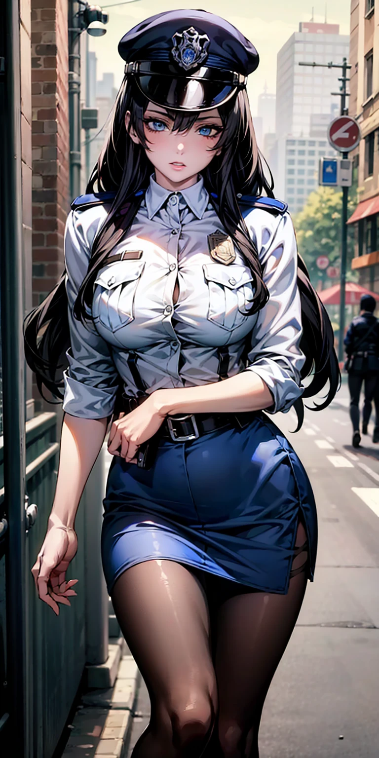 Ridiculous resolution, high resolution, (masterpiece:1.4), Extremely detailed, 1 Girl,blue eyes, Black long hair，Please wear police uniform and short skirt, White handbags、Pantyhose、City Streets,Sexy pose, The camera is close to your body