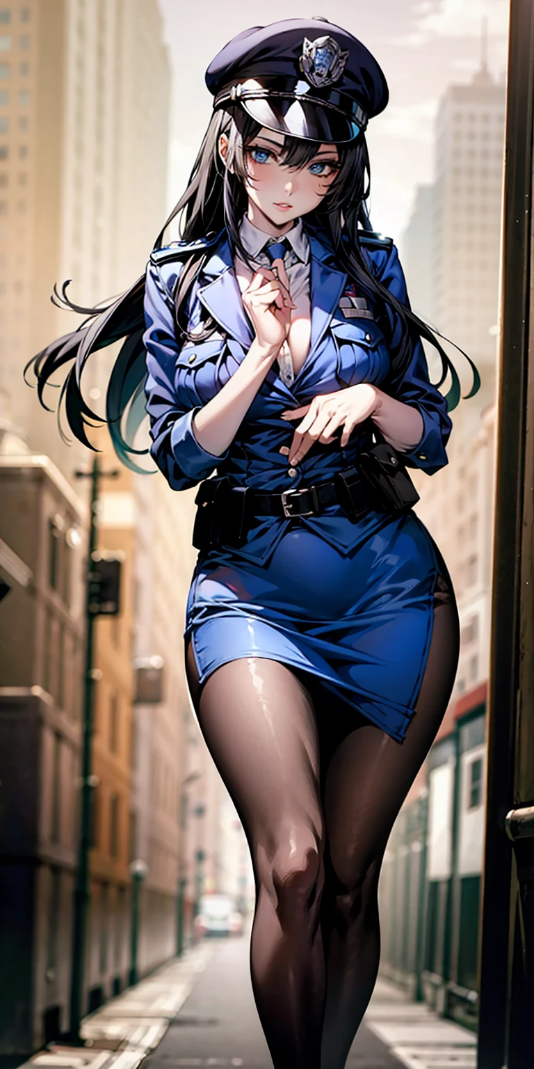 Ridiculous resolution, high resolution, (masterpiece:1.4), Extremely detailed, 1 Girl,blue eyes, Black long hair，Please wear police uniform and short skirt, White handbags、Pantyhose、City Streets,Sexy pose, The camera is close to your body