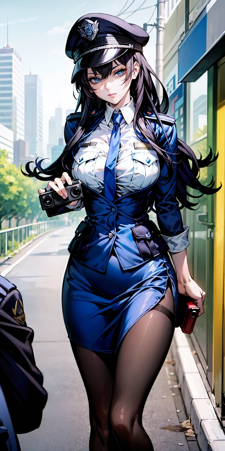 Ridiculous resolution, high resolution, (masterpiece:1.4), Extremely detailed, 1 Girl,blue eyes, Black long hair，Please wear police uniform and short skirt, White handbags、Pantyhose、City Streets,Sexy pose, The camera is close to your body