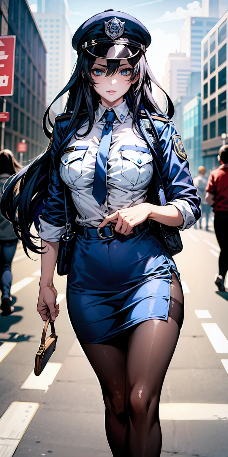 Ridiculous resolution, high resolution, (masterpiece:1.4), Extremely detailed, 1 Girl,blue eyes, Black long hair，Please wear police uniform and short skirt, White handbags、Pantyhose、City Streets,Sexy pose, The camera is close to your body