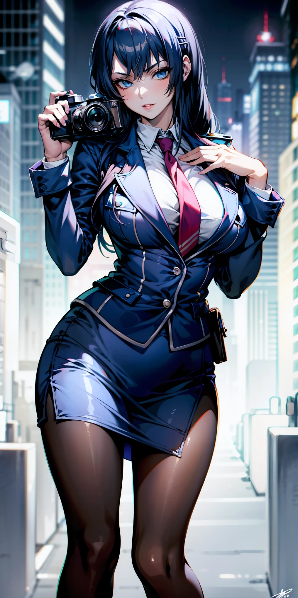 Ridiculous resolution, high resolution, (masterpiece:1.4), Extremely detailed, 1 Girl,blue eyes, Black long hair，Please wear police uniform and short skirt, White handbags、Pantyhose、City Streets,Sexy pose, The camera is close to your body