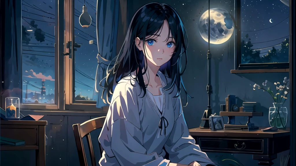 Create an illustration of a girl with black hair and blue eyes, sitting in a chair in front of a desk, Sentimental, Introspective look。, The moonlight gently shines into the room, Gently illuminate the space, Curtains sway in the wind, Increase tranquility, Dark mood, Emphasise the theme of loneliness, silence, And the depths of night, The room is dark、dimly lit by the moonlight