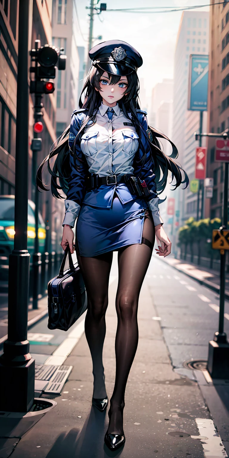 Ridiculous resolution, high resolution, (masterpiece:1.4), Extremely detailed, 1 Girl,blue eyes, Black long hair，Please wear police uniform and short skirt, White handbags、Pantyhose、City Streets,Sexy pose, The camera is close to your body