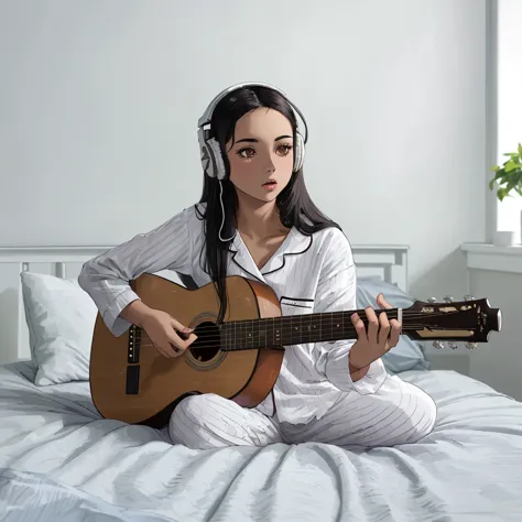A beautiful latina girl with dark straight hair, wearing white headphones and pijamas, playing guitar on a bed