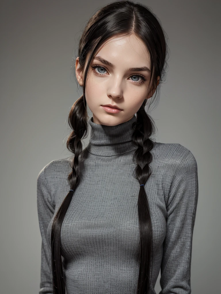 (best quality), 1girl, female, pale skin, (black hair), long hair, straight hair, pigtails, grey eyes, perfect eyes, slender, tall, turtleneck sweater, stylish, elegant, serious, normal bust, masterpiece, anatomically correct, highres
