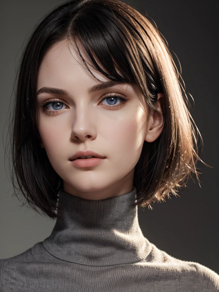 (best quality), 1girl, female, pale skin, (black hair), short hair, straight hair, grey eyes, perfect eyes, slender, tall, turtleneck sweater, stylish, elegant, serious, masterpiece, anatomically correct, highres
