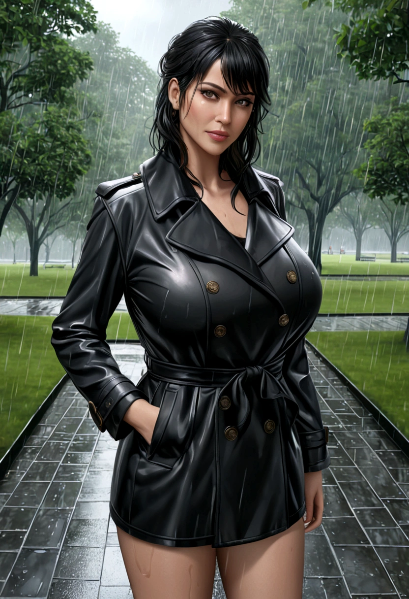 beautiful busty milf in Black Trench Coat, standing in a park, rainy day, photorealistic, masterpiece, full_body_shot, black miniskirt, wet sheer black shirts with tie,