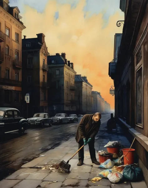 janitor sweeping up trash, on the sidewalk, picture of a street with buildings and a car on it, based on alexandre benois, alexa...