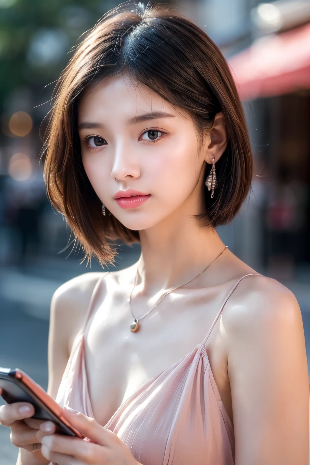 (((current photography))),, portrait, Beauty，stunning face:1.3),, 1 Girl，Upper Body，beautiful girl, (Necklace，earrings，cell phone:1.1),（Short long hair，Fashion Dress）, , (眼睛Looking at the cell phone，Looking at the cell phone:1.5), (environmental details:1.3),, (original photo, CG Unity, photography, ultra current details, sharp focus, Delicate skin,4K, High resolution, masterpiece, best quality, current, energetic:1.2),, (8k,4K, Ultra high quality, High resolution, professional, Movie-like, Movie, Dramatic),, street