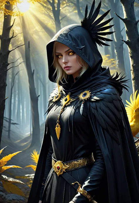 Blonde crow-woman in dark fantasy attire, crow head hood, gold jewelry, dagger on belt, stands against a hill in bright forest b...