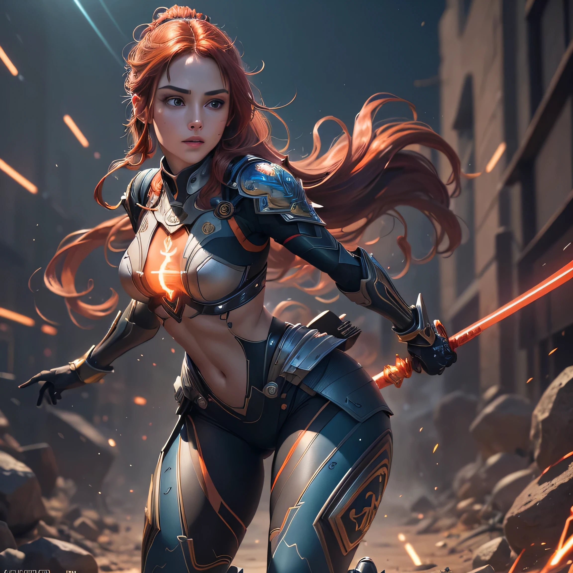 1girl, solo, masterpiece, best quality, 8k, detailed skin texture, detailed polished metal textures, light reflections off of metal surfaces, highly-detailed eyes, extremely detailed face, intricately detailed auburn hair, ultra-detailed mecha exoskeleton, beautifully detailed body, insanely detailed background, bold colors, A stunningly beautiful, extremely fit girl, with a long braided ponytail, (wearing futuristic:1.3 Samurai armor):1.34 is (holding a Katana sword in one hand):1.5. and (a long dagger in the other hand):1.5, (((bright red and orange tracers are flying past her))):1.5 (((light trails follow the swords that are swung at high velocity))):1.33, (resembling glowing speed lines):1.4. (She has large bright blue eyes):1.4, (a button nose, perfectly shaped lips):1.2, (a flawless face):1.33 and (the body of a fitness model):1.25, (maximum detail):1.4. (She has a lean waist, an extremely toned midriff, slender thighs, slim calves, and flawless large breasts):1.42, (there are laser bolts and explosions all around her):1.4, and the scene is very (chaotic:1.3), (((detailed line work and delicate, flowing brushstrokes))), giving the art a dreamlike and ethereal quality, the art style is heavily influenced by futuristic Anime Films, Concept Art, Surrealism and Art Nouveau with intricate patterns and decorative details):1.2, (motifs from nature such as wolves, lightning, and dragons):1.3. (featuring vivid shades of red, blue, green, and purple, also using silver and gold metallic accents):1.4 (cinematic movie still, masterpiece, best quality, absurd resolution, 8k, Monte Carlo Ray Tracing:1.2, path traced subsurface scattering):1.4, (((HDR, UHD, volumetric lighting, Unreal Engine 5, Unity Engine, Blender, octane render))), (exquisite subject composition and use of lighting:1.4, exceptional, award-winning shading:1.4, sharp focus:1.35, top angle, full body shot, photorealistic, natural beauty):1.4