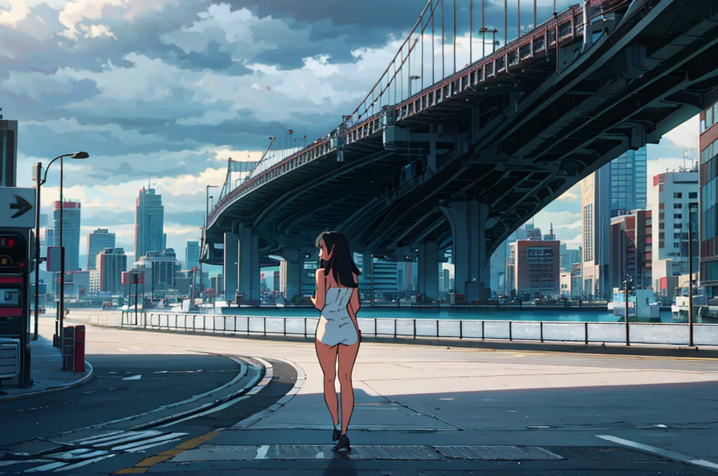 wide angle shot of a naked latina girl, long dark straight hair, full lips, wearing white headphones, on an empty city on a cloudy day