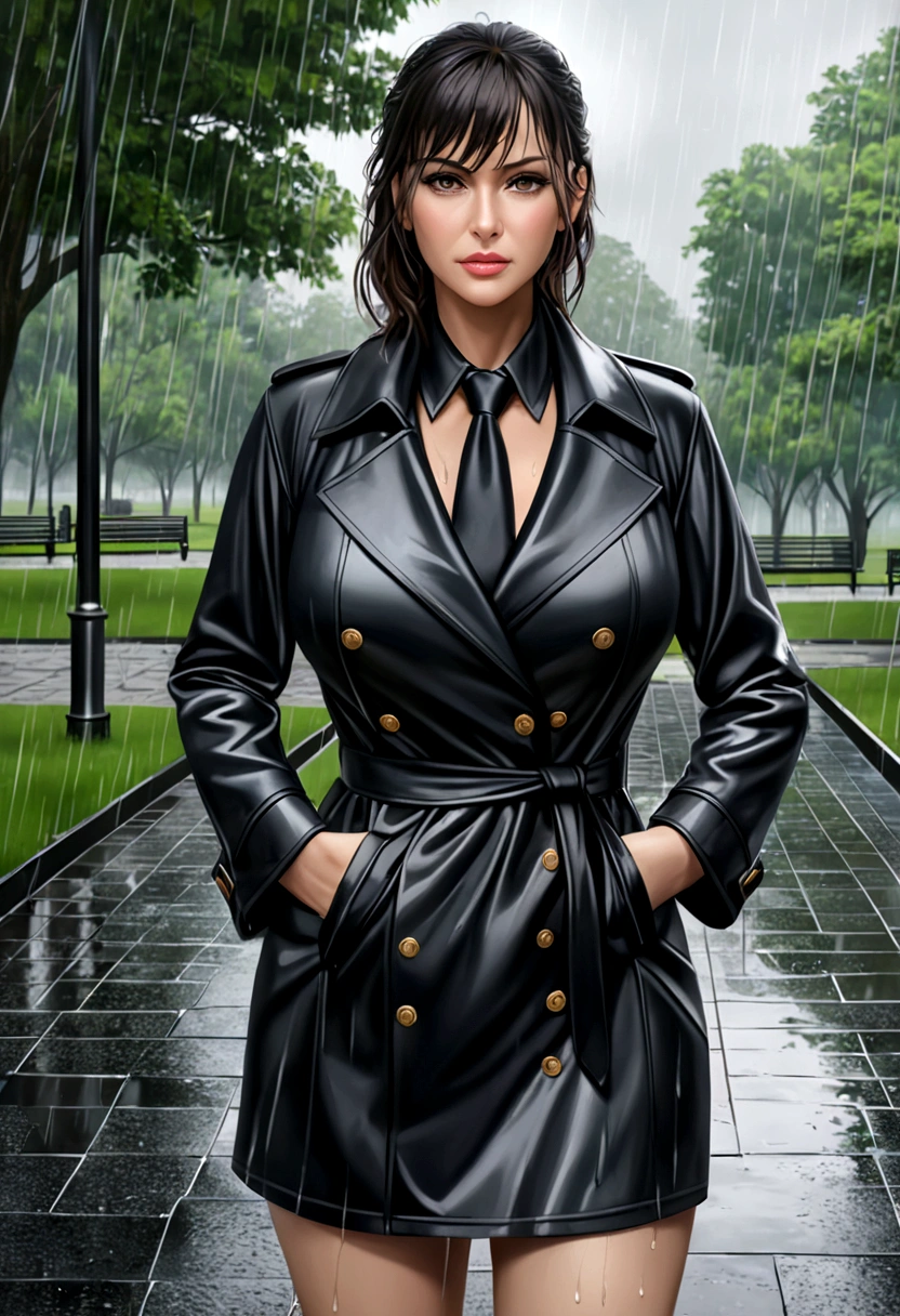 beautiful busty milf in Black Trench Coat, standing in a park, rainy day, photorealistic, masterpiece, full_body_shot, black miniskirt, wet sheer black shirts with tie,