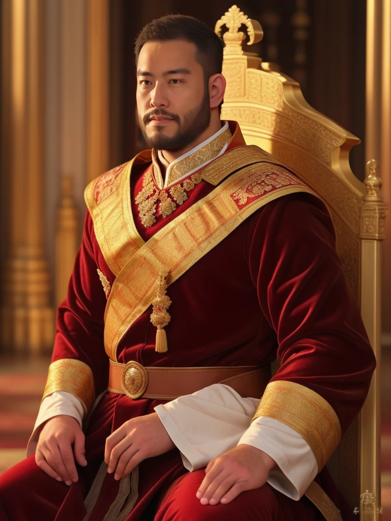 crew cut, mature man, [slightly fat], asian man, brown eyes, rounded face, slightly balding, (big shoulders), (((stubbles, Short beard))), (((full beard))), (Beautiful eyes:1.3), (Detailed face:1.3), king costume, in the royal palace, throne, red king robe, a crown on his head, korean king, joseon dynasty,