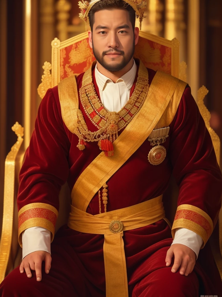 crew cut, mature man, [slightly fat], asian man, brown eyes, rounded face, slightly balding, (big shoulders), (((stubbles, Short beard))), (((full beard))), (Beautiful eyes:1.3), (Detailed face:1.3), king costume, in the royal palace, throne, red king robe, a crown on his head, korean king, joseon dynasty,