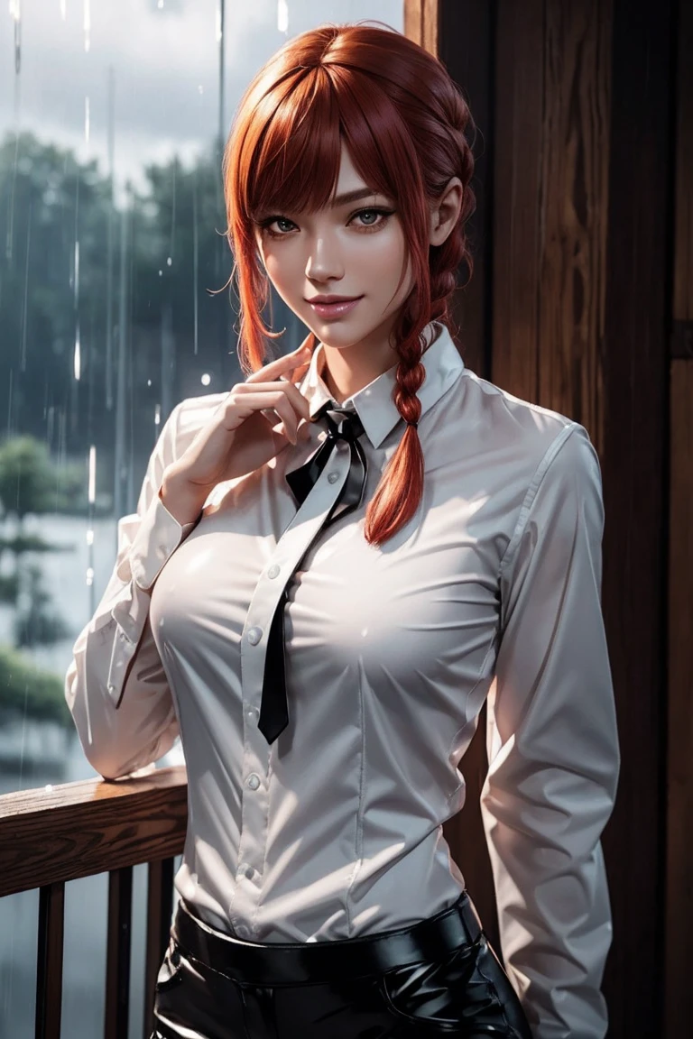 Chainsaw Man,Makima,With bangs,Red Hair,Braids at the back,Golden Eyes,White long sleeve shirt,Black tie,Black Leather Pants,Ultra HD,super high quality,masterpiece,Digital SLR,Photorealistic,Detailed details,Vivid details,Depicted in detail,A detailed face,Detailed details,Super Detail,Realistic skin texture,Anatomical basis,Perfect Anatomy,Anatomically correct hand,Anatomically correct fingers,Complex 3D rendering,Sexy pose,Rainy Sky,Beautiful scenery,Fantastic rainy sky,Picturesque,Pink Lips,smile,