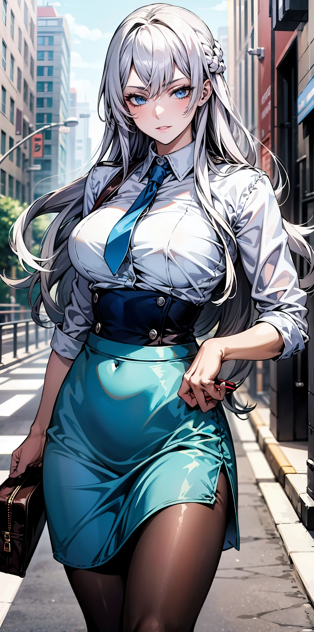 Ridiculous resolution, high resolution, (masterpiece:1.4), Extremely detailed, 1 Girl,blue eyes, Long blond hair，White skirt, White handbags、Pantyhose、City Streets,Sexy pose, The camera is close to your body