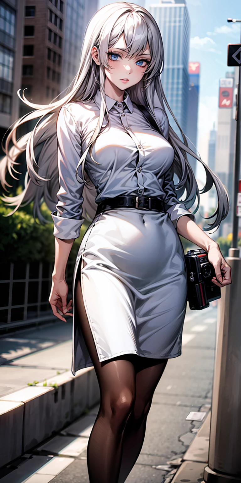 Ridiculous resolution, high resolution, (masterpiece:1.4), Extremely detailed, 1 Girl,blue eyes, Long blond hair，White skirt, White handbags、Pantyhose、City Streets,Sexy pose, The camera is close to your body