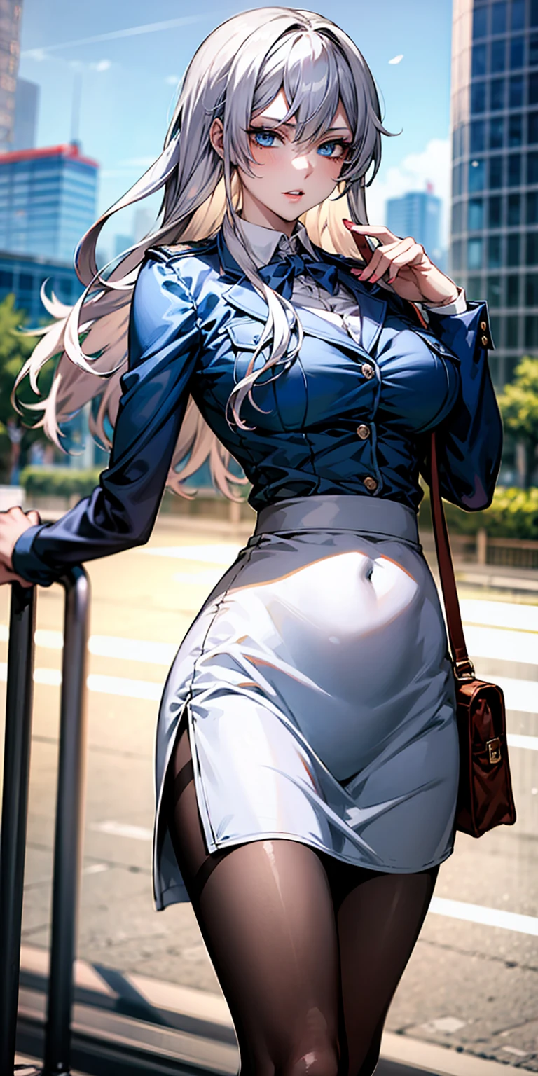 Ridiculous resolution, high resolution, (masterpiece:1.4), Extremely detailed, 1 Girl,blue eyes, Long blond hair，White skirt, White handbags、Pantyhose、City Streets,Sexy pose, The camera is close to your body