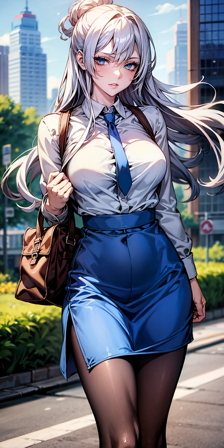 Ridiculous resolution, high resolution, (masterpiece:1.4), Extremely detailed, 1 Girl,blue eyes, Long blond hair，White skirt, White handbags、Pantyhose、City Streets,Sexy pose, The camera is close to your body