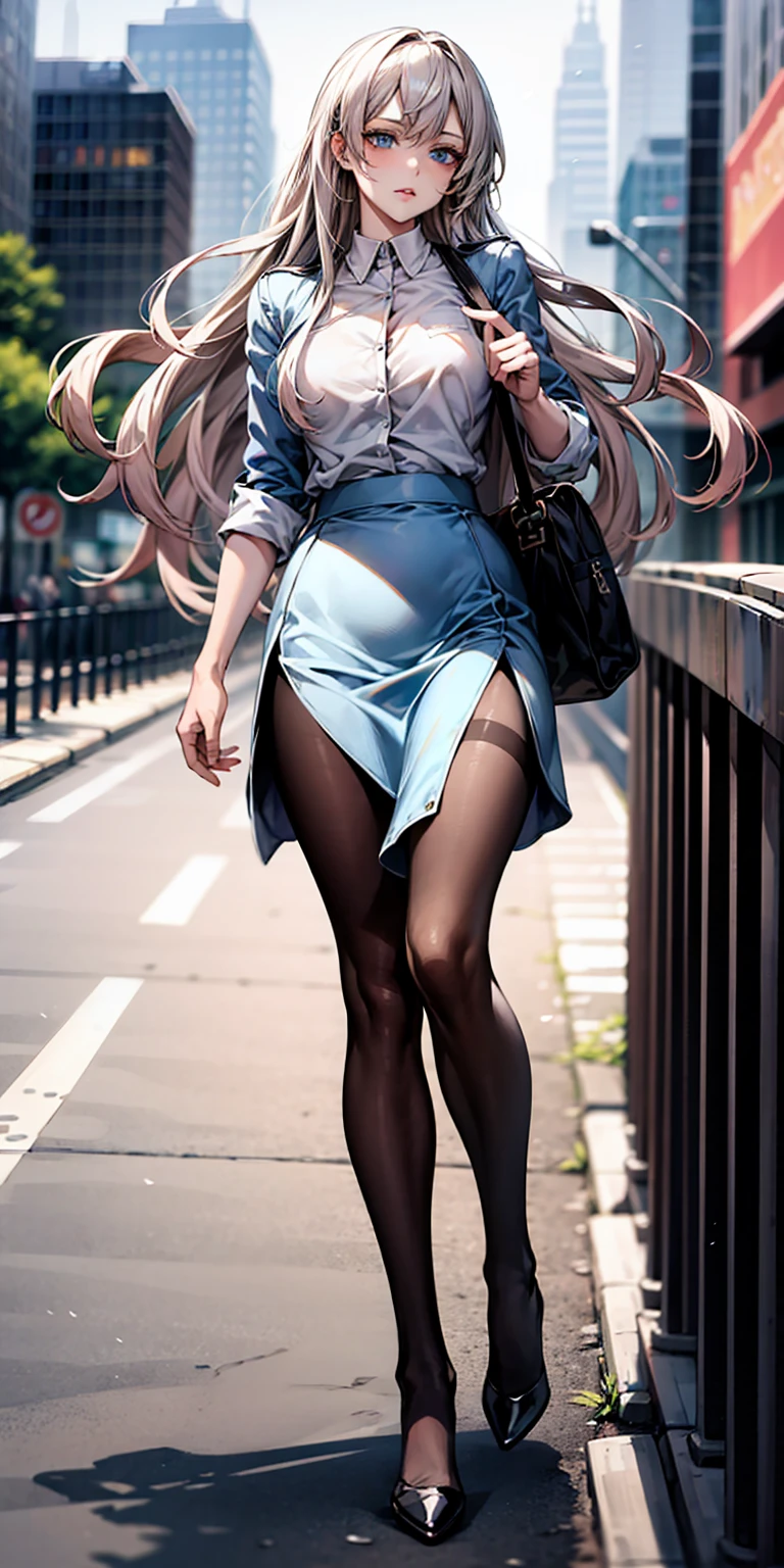 Ridiculous resolution, high resolution, (masterpiece:1.4), Extremely detailed, 1 Girl,blue eyes, Long blond hair，White skirt, White handbags、Pantyhose、City Streets,Sexy pose, The camera is close to your body