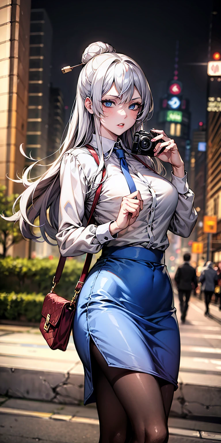 Ridiculous resolution, high resolution, (masterpiece:1.4), Extremely detailed, 1 Girl,blue eyes, Long blond hair，White skirt, White handbags、Pantyhose、City Streets,Sexy pose, The camera is close to your body