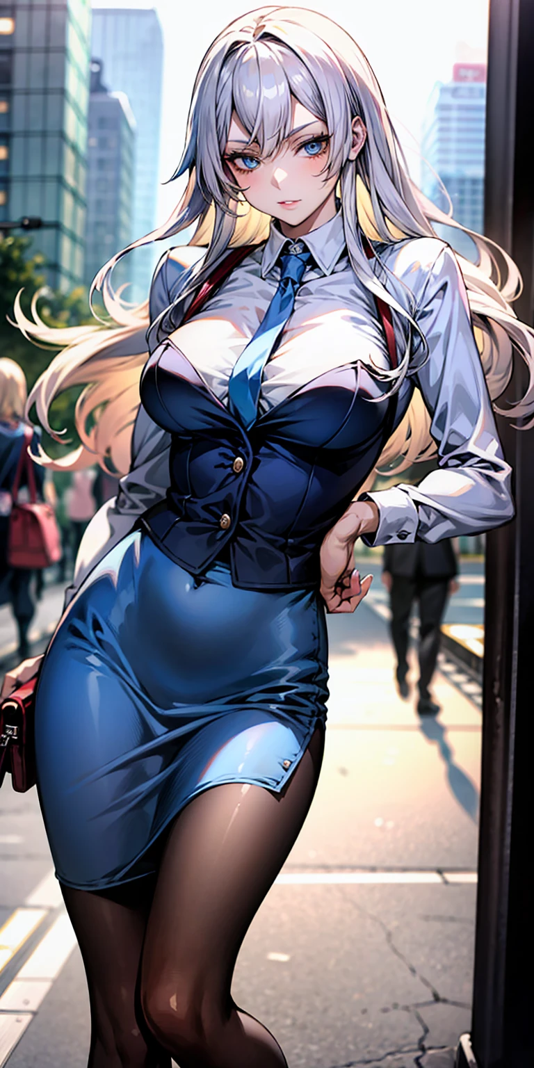 Ridiculous resolution, high resolution, (masterpiece:1.4), Extremely detailed, 1 Girl,blue eyes, Long blond hair，White skirt, White handbags、Pantyhose、City Streets,Sexy pose, The camera is close to your body