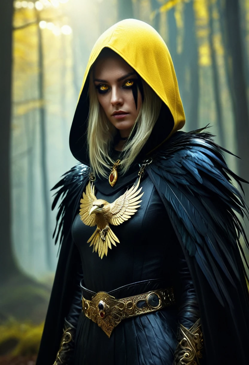 Blonde crow-woman in dark fantasy attire, crow head hood, gold jewelry, dagger on belt, stands against a hill in bright forest background, bright yellow bird eyes, white skin, black feather cloak, digital painting, bright colors, sharp focus on face with hyperrealistic anatomy, high contrast, cinematography, high resolution, dynamic composition, mystical setting, accent lighting, shadow play, chiaroscuro effect, octane rendering, fantasy fashion full, High Resolution, High Quality , Masterpiece