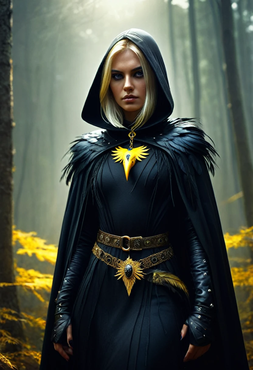 Blonde crow-woman in dark fantasy attire, crow head hood, gold jewelry, dagger on belt, stands against a hill in bright forest background, bright yellow bird eyes, white skin, black feather cloak, digital painting, bright colors, sharp focus on face with hyperrealistic anatomy, high contrast, cinematography, high resolution, dynamic composition, mystical setting, accent lighting, shadow play, chiaroscuro effect, octane rendering, fantasy fashion full, High Resolution, High Quality , Masterpiece