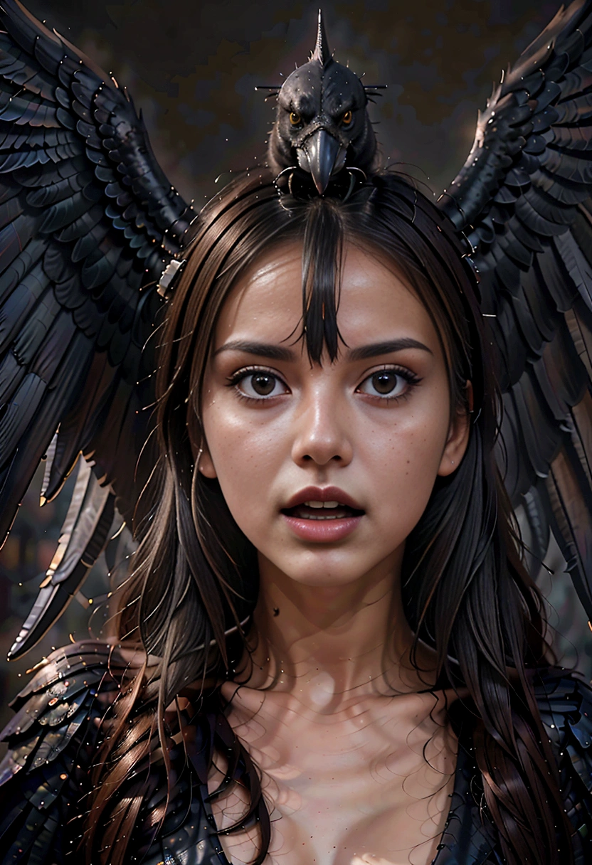 um close up de uma pessoa com um pássaro na cabeça, harpia, harpia woman, asas satânicas, arte de linha preta intensa, arte de linha intensa, gritando. não é realista, arte digital pesadelo, retrato do anjo da morte, desenho artístico de um corvo, contornos escuros, apavorante, Pose de raiva, arte digital escura, mas detalhada. chocados e lavados pela mente, hiper detalhado, lábios inchados, língua para fora, boca bem aberta,