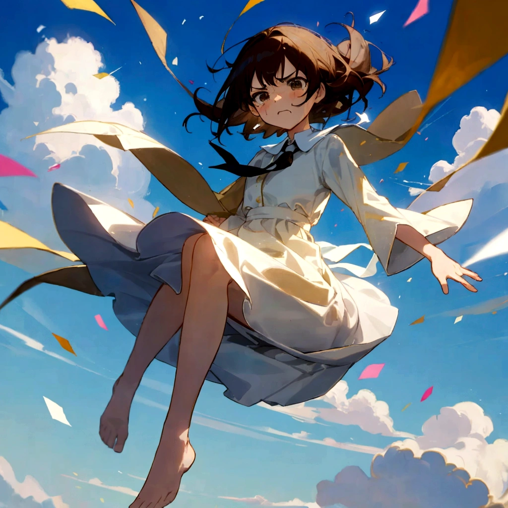 ((Highest quality)), ((masterpiece)), ((Very detailed)),Floatingする女の子,Angry expression，floating，Floating，Confetti，Brown Hair,tears,Levitating,Blue sky background,Feet in the air,tears,gravity,Long skirt,loafers,Raise both hands