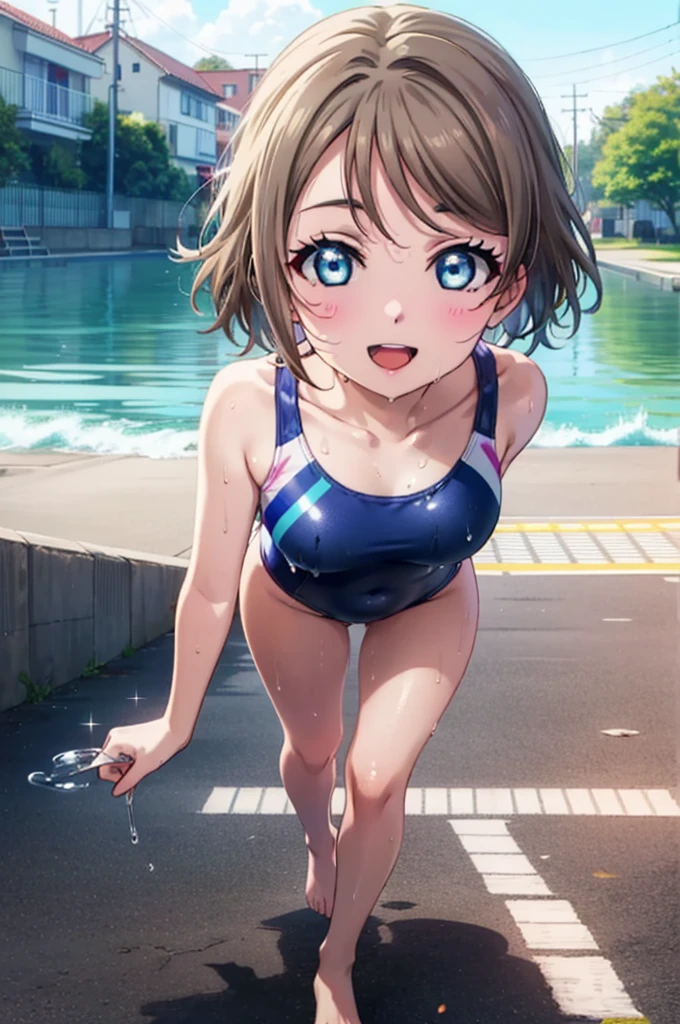 Yo Watanabe, Issei Watanabe, short hair, blue eyes, Brown Hair, smile, Open your mouth,Swimsuit,barefoot,whole bodyがイラストに入る,Wet Hair,Wet swimsuit,Wet Skin,Walking,
break outdoors, プール
break looking at viewer, whole body,
break (masterpiece:1.2), Highest quality, High resolution, unity 8k wallpaper, (shape:0.8), (Beautiful attention to detail:1.6), Highly detailed face, Perfect lighting, Extremely detailed CG, (Perfect hands, Perfect Anatomy),