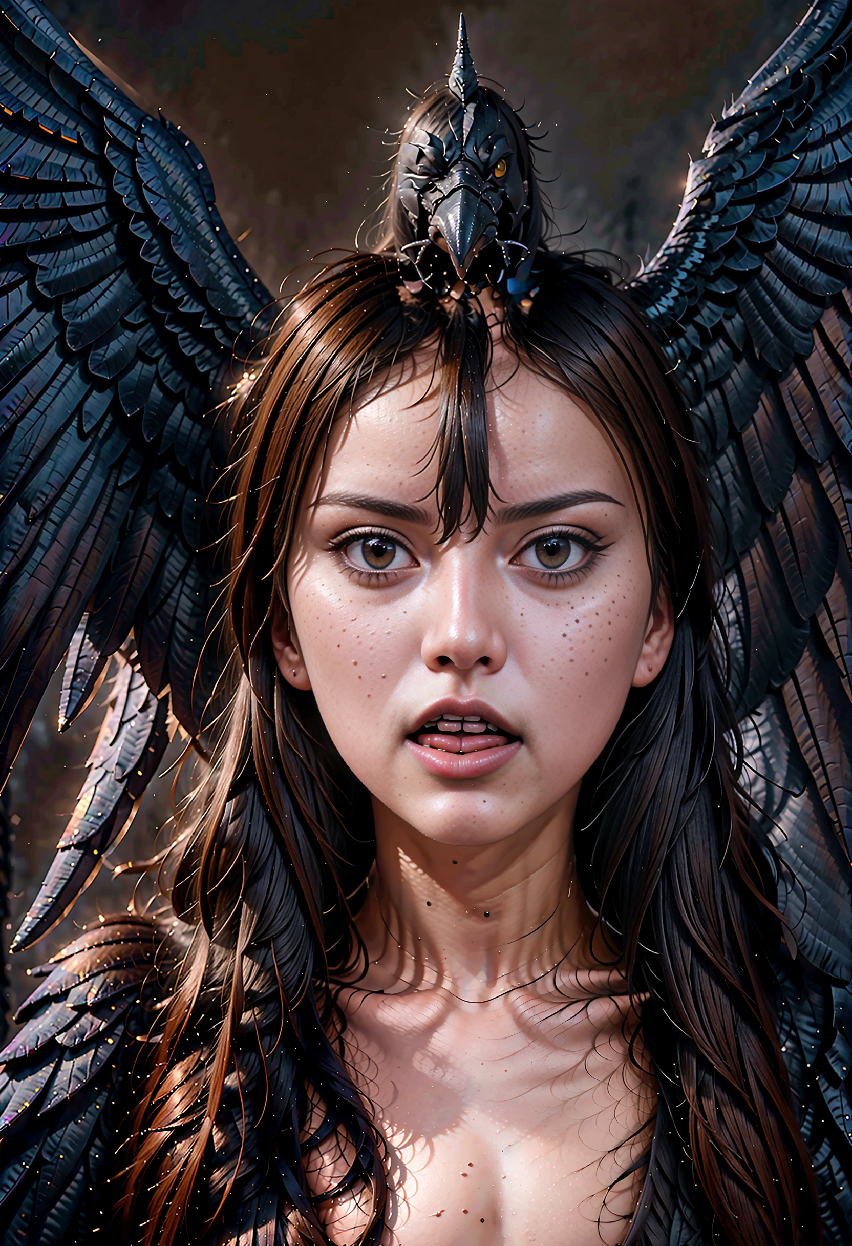 a close up of a person with a bird on their head, harpy, harpy woman, satanic wings, intense black line art, intense line art, screaming. not realistic, nightmare digital art, portrait of the death angel, artistic drawing of a crow, dark outlines, scary, angry pose, dark but detailed digital art. shocked and brainwashed, hyper detailed, lips get swollen, tongue out, wide open mouth,