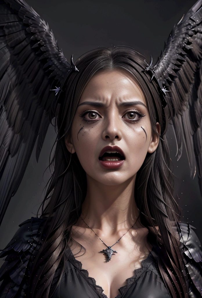 a close up of a person with a bird on their head, harpy, harpy woman, satanic wings, intense black line art, intense line art, screaming. not realistic, nightmare digital art, portrait of the death angel, artistic drawing of a crow, dark outlines, scary angry pose, dark but detailed digital art, anger. hyper detailed