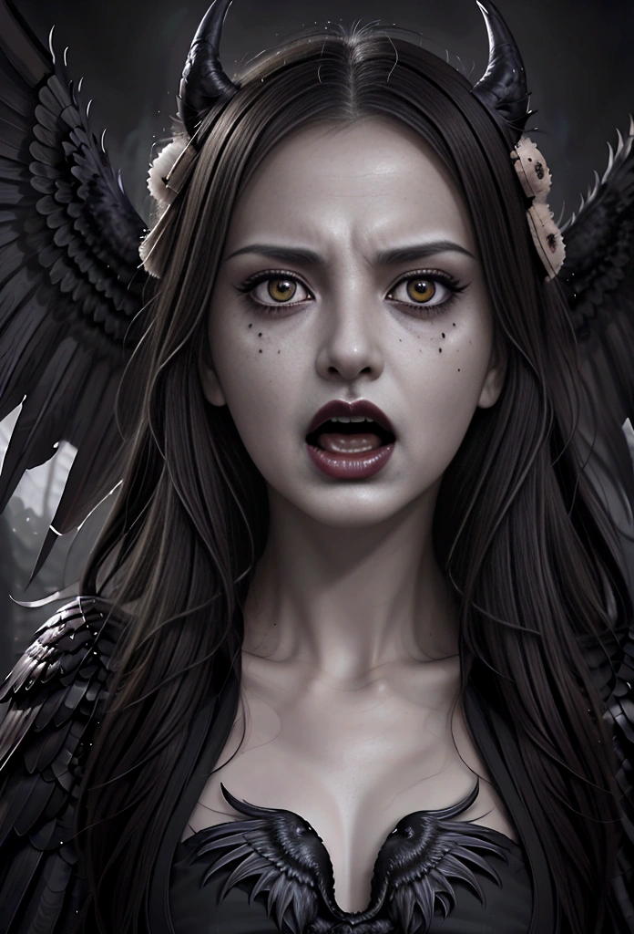 um close up de uma pessoa com um pássaro na cabeça, harpia, harpia woman, asas satânicas, arte de linha preta intensa, arte de linha intensa, gritando. não é realista, arte digital pesadelo, retrato do anjo da morte, desenho artístico de um corvo, Contornos escuros, pose de raiva assustadora, arte digital escura, mas detalhada, raiva. hiper detalhado