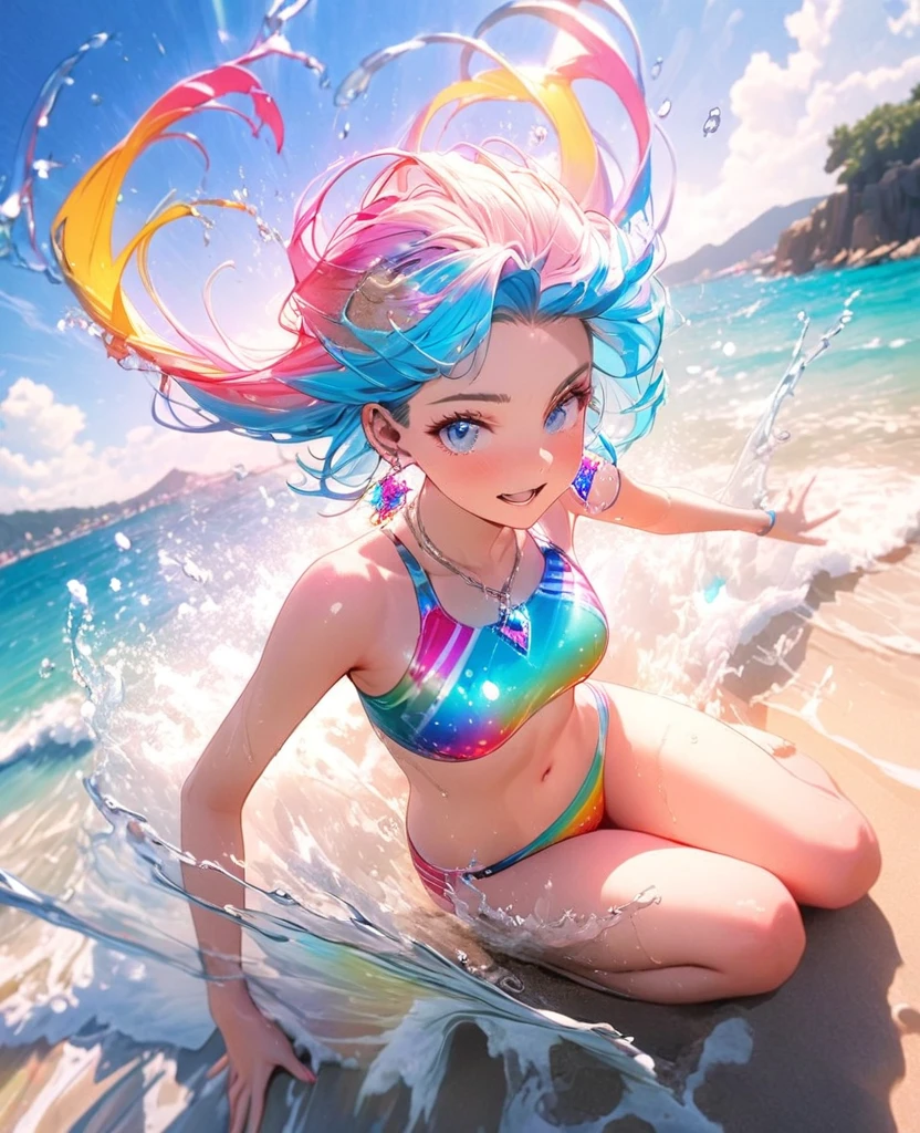 8K,gal，an extremely delicate and beautiful,Beautiful and realistic skin,Shiny jewel-like earrings,glowing tattoo,Long colerful hair,blue eyes,Sparkling landscape,whole body,colorful swimsuit,Summerbeach,Splash