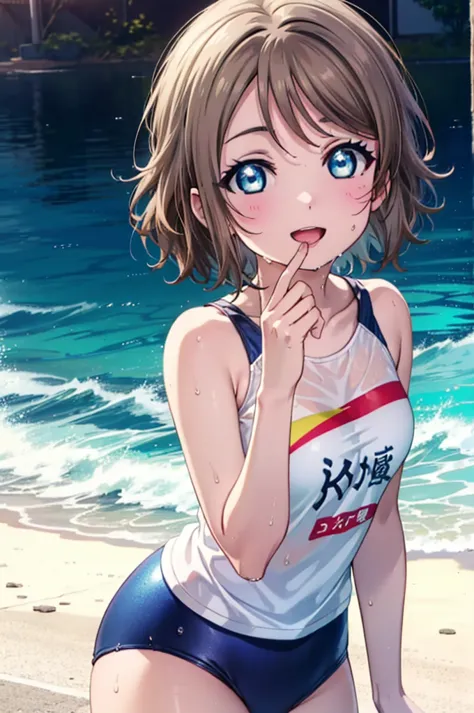 Yo Watanabe, Issei Watanabe, short hair, blue eyes, Brown Hair, smile, Open your mouth,Swimsuit,barefoot,whole bodyがイラストに入る,Wet ...