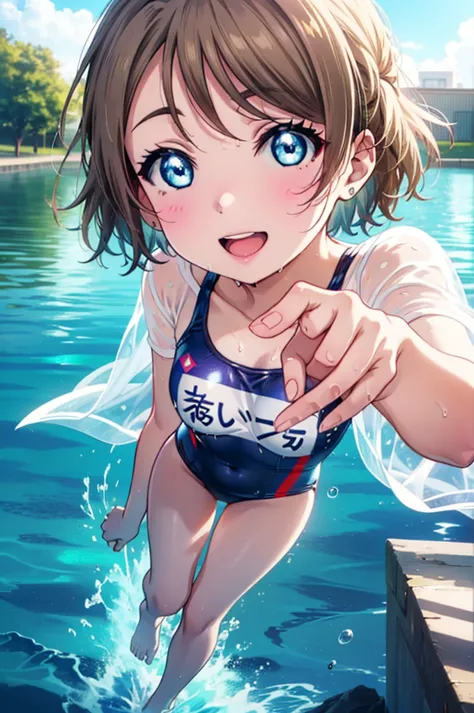 Yo Watanabe, Issei Watanabe, short hair, blue eyes, Brown Hair, smile, Open your mouth,Swimsuit,barefoot,whole bodyがイラストに入る,Wet ...