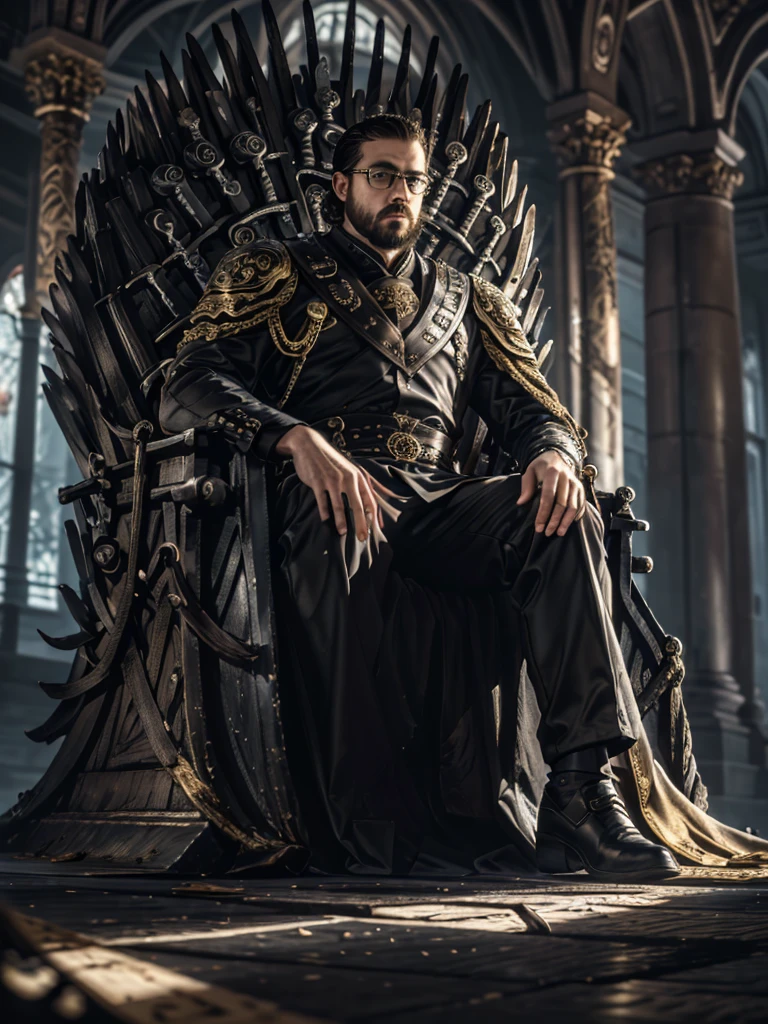 (8k, RAW photo, highly detailed,masterpiece, highest quality),rich colors,high contrast,film still,full shot body photo of the most beautiful artwork in the world,cinematic light,fantasy,black dress,sunlight,everywhere black roses,black rose,flowers,black flowers,the black cloud,exterior,depth of field,xuer Iron Throne,perfect hand,absurdres, crew cut, (((full body))), mature man, [slightly fat], asian man, brown eyes, rounded face, glasses, slightly balding, (big shoulders), (((stubbles, Short beard))), (((full beard))), (Beautiful eyes:1.3), (Detailed face:1.3), king costume with gold crown,